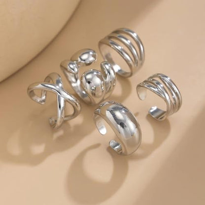 Gold Plated Geometric Chunky Water Drop Ring Set for Women,Open Adjustable Twisted Stacked Knuckle Finger Ring Set Punk Party Jewelry Accessories Gift - color: Silver
