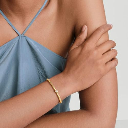 M MOOHAM Gold Beaded Charm Bracelets for Women Girls Non Tarnish | 14K Gold Plated, Dainty CZ Heart Smile Face Cross Charm Stretch Bead Bracelet for Women Teenage Teen Girls - color: Heart CZ