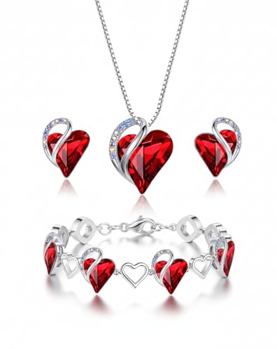 Leafael Necklace Gift Set for Women, Infinity Love Birthstone Heart Pendant with Matching Earrings and Bracelet, for Mom and Wife, Silver Plated - color: 01Set-January & July-Siam Ruby Red