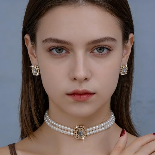 Classic Double Strand Faux Pearl Choker Necklace and Earrings Set with Crystal Accent, Elegant Jewelry for Special Occasions and Everyday Wear - color: clear