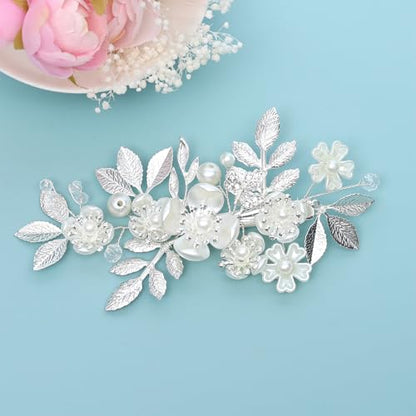 Wedding Hair Clips, Crystal Hair Pins Pearl Rhinestone Hair Barrettes, Bridal Flower Hair Pieces Pearl Headpieces Hair Accessories for Women Girls (Silver) - color: Silver