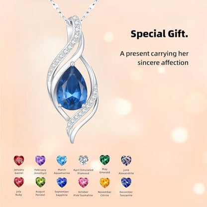 Birthstone Necklace for Women S925 Sterling Silver Teardrop | With Cubic Zirconia and Gemstones - Ideal Birthday Jewelry Gift for Her, Girlfriend, Wife, Mom on Birthday, Anniversary - color: 12 - Blue Topaz