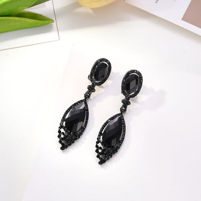BriLove Women's Wedding Bridal Infinity Figure 8 Crystal Teardrop Chandelier Dangle Clip-On Earrings - color: Black Black-Tone
