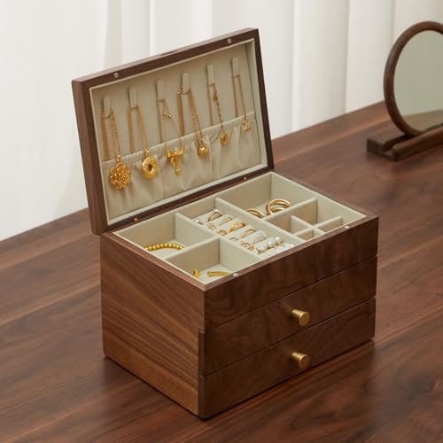 Black Walnut 3 Layer Wooden Jewelry Box Organizer | For Women & Men, Velvet Lining, Earring & Ring Organizer, Large Capacity Drawer Design, For Necklaces & Bracelets - style: 3 layers