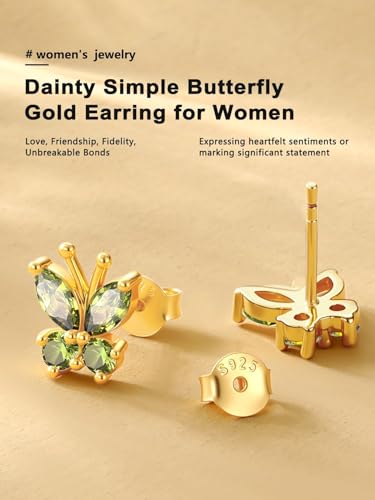Bestyle Gold Butterfly Earrings for Women, Dainty Cute Birthstone Studs Hypoallergenic Jewelry, Great Birthday Gift - style: August (Peridot)-Gold STUD