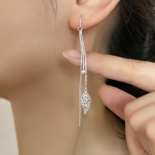 925 Sterling Silver Dangle Earrings with Charms Heart, Water drop, Moon, Star Long Drop Earring for Women Jewelry Gifts Hypoallergenic - color: leaf hanging