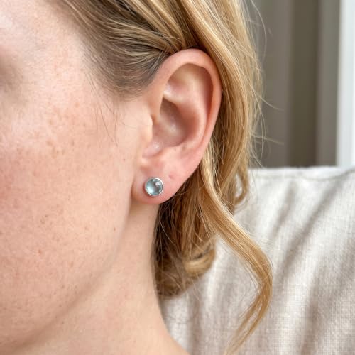 Natural Aquamarine Earrings with 925 Sterling Silver Studs | 6.5 mm Light Blue Stud Earrings for Sensitive Ears | Minimalist Unisex March Birthstone Jewelry | Wedding Bride Gift