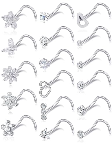 17Pcs Nose Rings Studs 20G Surgical Stainless Steel L Corkscrew Bone Shaped Nose Studs Butterfly Flower Heart Star Square Round CZ Nostril Piercing Jewelry for Women Silver Plated - style: B:Screw Shaped
