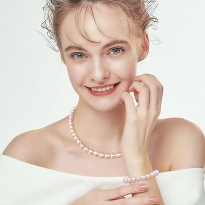 Pearl Necklaces for Women,8mm Pearl Necklace and Earring Bracelet Jewelry Set for Women Men Wedding Birthday Valentine Christmas Day Gifts - color: Pink
