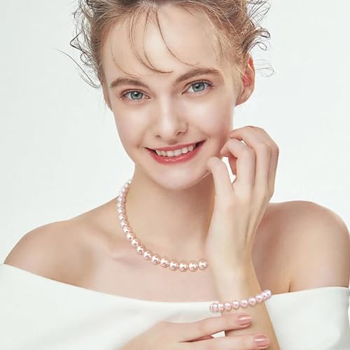 Pearl Necklaces for Women,8mm Pearl Necklace and Earring Bracelet Jewelry Set for Women Men Wedding Birthday Valentine Christmas Day Gifts - color: Pink