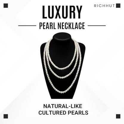 Women's Long Pearl Necklace - Natural Cultured Pearls - Luxurious 8mm Strand Pearls - 1920s Timeless Elegance - Great for Wives, Girlfriends, Sisters, and Besties - Length 60In/71In - color: Cream White, size: 71In