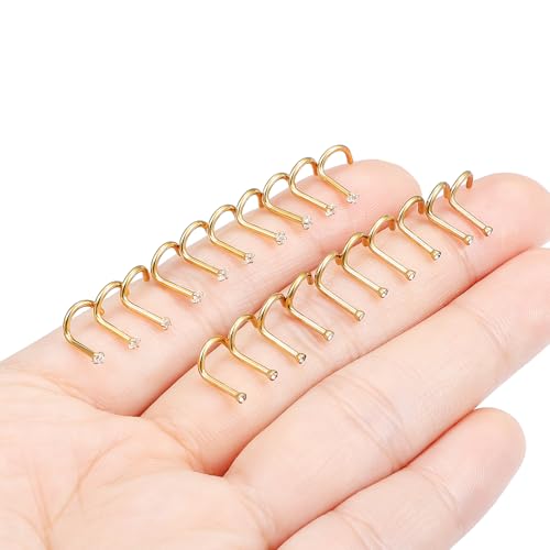 Hoeudjo Nose Studs Surgical Steel Cubic Zirconia Nose Rings Kit for Women Men Tiny Nose Stud Screw & Bone & L Shaped Nostril Piercing Jewelry 24-18 Gauge 20 Pieces Set - color: gold-tone,screw nose studs, size: 18g/1.5mm clear CZ