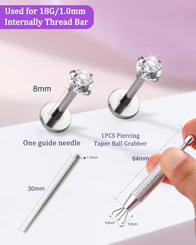 2PCS 20G/18G/16G Titanium Flat Back Nose Studs Internally Thread Cartilage Earring Studs Clear CZ Helix Tragus Earrings for Women Medusa Labret Stud Conch Piercing Jewelry Hypoallergenic - size: 1.0*8mm