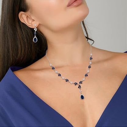 Teardrop Marquise Cubic Zirconia Wedding Prom Jewelry Set for Women Bridal | Silver/Gold/Rose Gold Plated, Pear Cut Pendant Necklace Drop Earrings Link Bracelet, for Bride Bridesmaid, for Banquet Party - style: A_Three Set, Blue