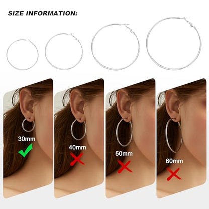 4 Pairs Silver Gold Hoop Earrings for Women | 14K Gold Plated Hoop Earrings Set Hypoallergenic Earring Lightweight Dangle Earrings Set - color: 1 Pair Silver-30mm