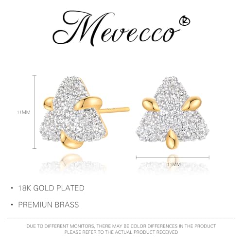 MEVECCO Pave Cubic Zirconia Stud Earrings for Women, 18K Gold Plated Brass | Pave CZ Fronts, Curved Gold Plated Edge Accents, Soft Motifs and Clean Geometric Styles - style: triangle