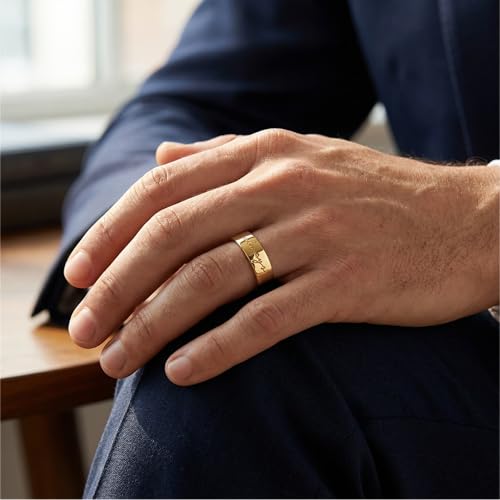 Men's Wedding Rings Mountain Range Pattern Engraved Silver Flat Band 8mm 316 Stainless Steel Men Ring Comfort Fit - color: Gold