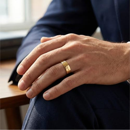 Men's Wedding Rings Mountain Range Pattern Engraved Silver Flat Band 8mm 316 Stainless Steel Men Ring Comfort Fit - color: Gold