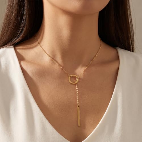 Slip Chain Lariat Necklace for Women Circle Bar Y Shaped Drop Pendant | Long Necklaces for Women Trendy Jewelry