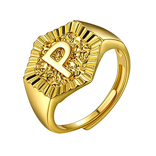 U7 Initial Ring Wedding Band for Men Women 18K Gold Plated Statement Hexagon A-Z Letter Jewelry Personalized Stackable Signet Rings - color: P