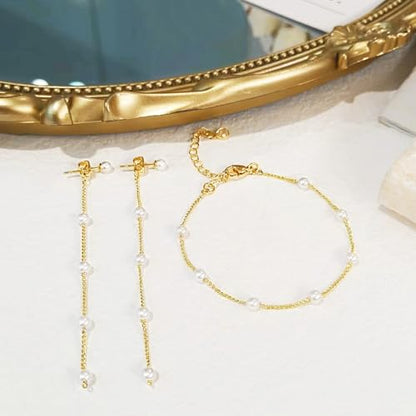 HERIER Lariat Gold Necklace for Women, Dainty Long Necklace 14k Gold Plated/Silver Y-Shaped Layered Beaded Chain Drop Necklaces for Women Trendy Simple Gold Jewelry for Women Gifts - color: Y Layered Pearl Jewelry-Gold