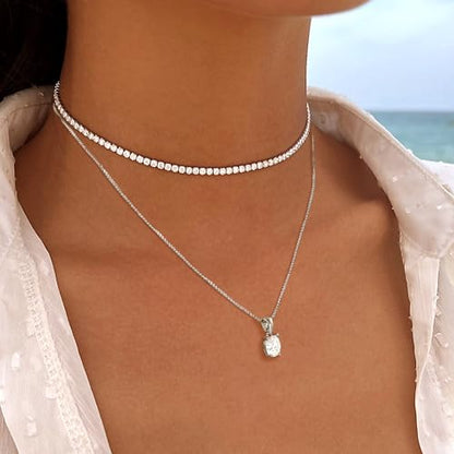 Layered Necklaces for Women, Dainty 14K Gold Plated Diamond Tennis Necklace, Simple Stackable Layered Gold Necklaces for Women Trendy Sparkly Cubic Zirconia Pendant Necklace Set Jewelry Gift - color: Silver - Tennis & Irregular Diamond