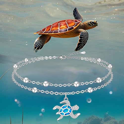 Sterling Silver Anklets for Women Sea Turtle Starfish Anklet Bracelet Ocean Beach Jewelry Opal Summer Foot Mothers Day Gift - style: Anklet-Turtle-A001