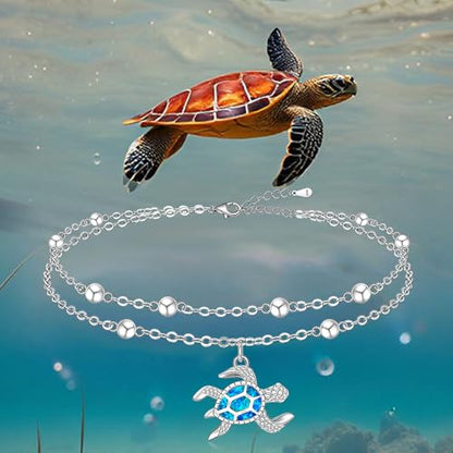 Sterling Silver Anklets for Women Sea Turtle Starfish Anklet Bracelet Ocean Beach Jewelry Opal Summer Foot Mothers Day Gift - style: Anklet-Turtle-A001