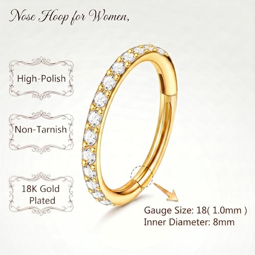 Staligue Nose Hoop ring - 316L Surgical Steel Nose Ring 16/18/20G Hinged Diamond Nose Ring Hoop Septum Clicker Rings Cartilage Earring Helix Rook Tragus Daith Piercing Jewelry for Women 6MM/8MM/10MM/12MM - color: Gold, size: 18G-8MM