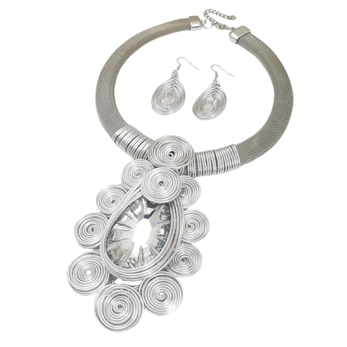African Jewelry Sets Statement Big Crystal Pendent Necklace Earrings Set For Women Handmade Bib Collar Costume Tribal Fashion Accessories - color: KDLUN5305 Silver