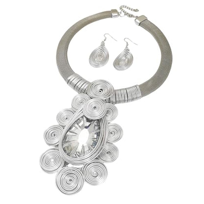 African Jewelry Sets Statement Big Crystal Pendent Necklace Earrings Set For Women Handmade Bib Collar Costume Tribal Fashion Accessories - color: KDLUN5305 Silver