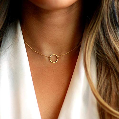 Turandoss Dainty Gold Choker Necklaces for Women - 14K Gold Plated Handmade Medallion Snake Link Chain Cross Star Moon Adjustable Simple Choker Necklaces for Women Jewelry - style: Circle& Half Moon
