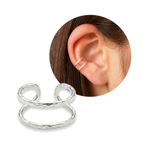 925 Sterling Silver Ear Cuff, Handmade Single Band Adjustable Non Piercing Clip On Cartilage Earring, Minimalist Ear Wrap Faux Piercing Jewelry for Women - style: Hammered Double Band