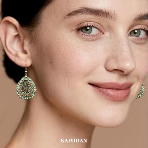 Boho Turquoise Dangle Earrings For Women Trendy,Western Blue Gemstone Drop Earings,Vintage Gothic Ethnic Statement Beach Vacation Long Birthstone Earrings with Leaf Teardrop Turquoise Crystal Tassels,Fashion Jewelry Birthday Gift. - style: A33 Vintage Bro
