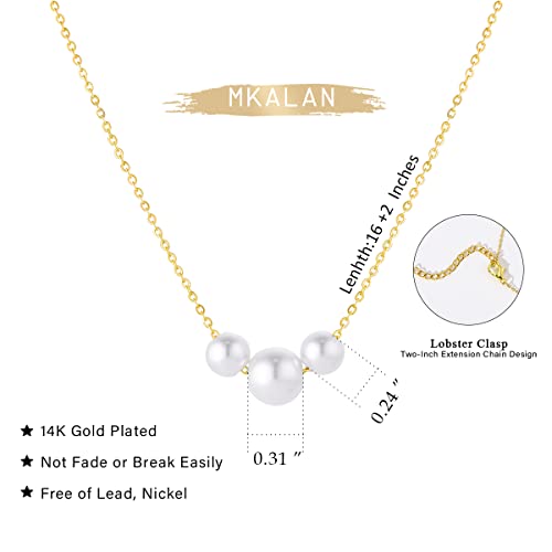 Pearl Necklaces for Women,14K Real Gold Plated Dainty Cute Pearl Necklace for Women Handmade Pearl Chain Necklace Everyday Jewelry Gift - color: Classic Style-Three Pearl-Gold