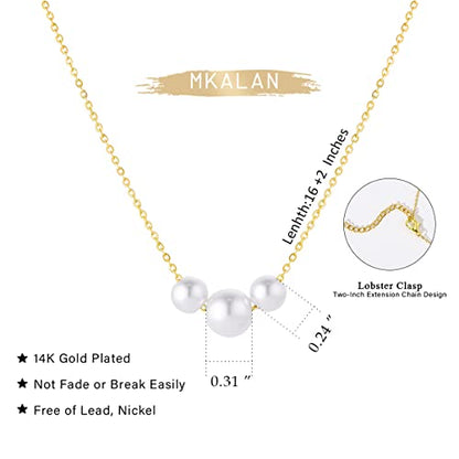 Pearl Necklaces for Women,14K Real Gold Plated Dainty Cute Pearl Necklace for Women Handmade Pearl Chain Necklace Everyday Jewelry Gift - color: Classic Style-Three Pearl-Gold