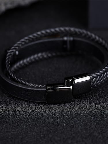Mens Black Leather Obsidian/Turquoise/Tiger Eye/Red Agate Bracelet–Braided Multi‑Layer Wristband Cuff Bangle Bracelet with Stainless Steel Clasp Gift Jewelry Box Included - color: Turquoise Stone, size: 9in(Fits larger wrists)