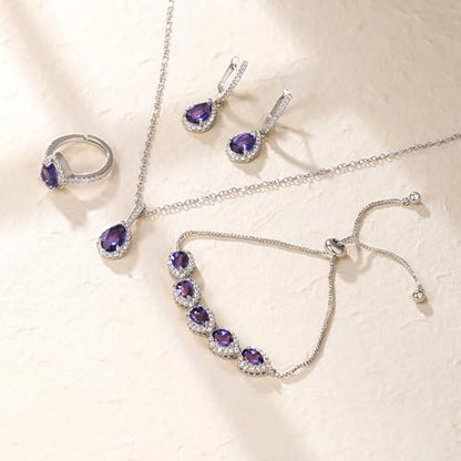 Crysdue Wedding Bridal Teardrop CZ Pendant Necklace Open Ring Dangle Earrings Adjustable Slider Bracelet Jewelry Set, Birthday Mothers Day Christmas Jewellery Gift for Women/Mom/Wife - style: 01-Teardrop Purple Silver-Tone