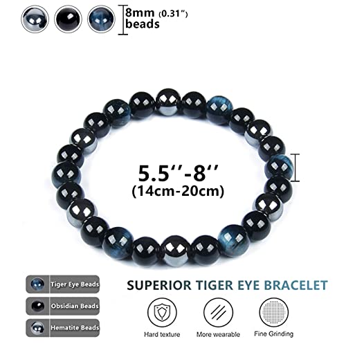 SAMXY Triple Protection Bracelet, 8mm Healing Crystal Bead Bracelet, 3pcs Blue Red Tiger's Eye Obsidian Hematite Bracelet Women Men - color: 3Pcs-8mm
