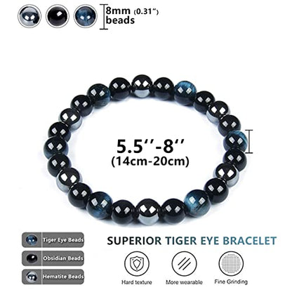 SAMXY Triple Protection Bracelet, 8mm Healing Crystal Bead Bracelet, 3pcs Blue Red Tiger's Eye Obsidian Hematite Bracelet Women Men - color: 3Pcs-8mm