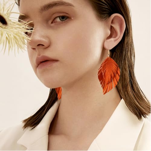 Handmade Bohemian Large Soft Genuine Leather Fringe Double Feather Dangle Drop Earrings Lightweight Simple Color PU Leaf Hook Earrings for Women - color: Orange