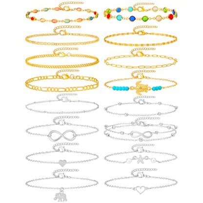 Starain 12Pcs Summer Beach Anklets for Women Waterproof Gold Silver Chain Ankle Bracelets Cute Women's Foot Anklet Set 7.9-10.5 inch Adjustable - color: 16Pcs Silver Anklets