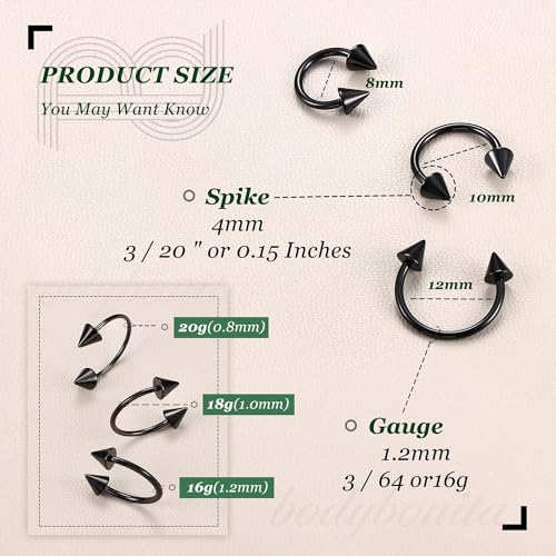G23 Titanium 14/16/18/20G Septum Rings Horseshoe Nose Ring Jewelry | 2/3Pcs Circular Barbell Spike Lip Body Piercing Jewelry Conch Helix Tragus Earring Silver/Black 8/10/12mm 14K Gold Plated - color: Black-3pcs, size: Spike-3pcs-16g-8/10/12mm