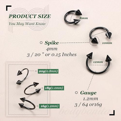 G23 Titanium 14/16/18/20G Septum Rings Horseshoe Nose Ring Jewelry | 2/3Pcs Circular Barbell Spike Lip Body Piercing Jewelry Conch Helix Tragus Earring Silver/Black 8/10/12mm 14K Gold Plated - color: Black-3pcs, size: Spike-3pcs-16g-8/10/12mm