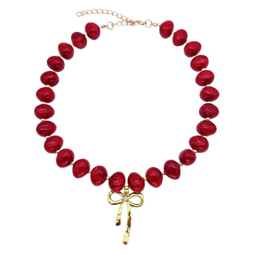 Red Beaded Necklace for Women Chunky Beaded Necklace Adjustable Acrylic Bead Choker Necklaces Big Statement Necklaces Jewelry Accessories - color: Red Bead Bow Necklace