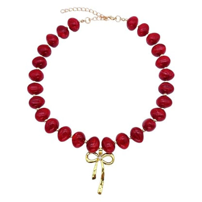 Red Beaded Necklace for Women Chunky Beaded Necklace Adjustable Acrylic Bead Choker Necklaces Big Statement Necklaces Jewelry Accessories - color: Red Bead Bow Necklace