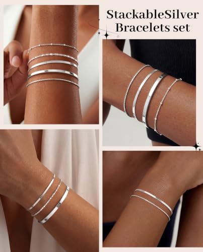 Dainty Gold Bracelet for Women Trendy Non Tarnish, Thin Bracelets Stackable Set with Bangle Cuff, Box, Herringbone, Paperclip, Figaro, Sparkling Link Chains Waterproof, Simple Jewelry Gifts for Women - color: style 01-silver