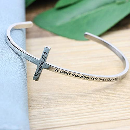 𝐂𝐫𝐨𝐬𝐬 𝐁𝐫𝐚𝐜𝐞𝐥𝐞𝐭 Religious Cuff Bangle 𝐁𝐢𝐛𝐥𝐞 𝐕𝐞𝐫𝐬𝐞 Christian Gifts Jewelry for 𝐖𝐨𝐦𝐞𝐧 - style: Silver cuff-A sweet friendship refreshes the soul -Proverbs 27:9