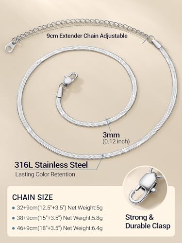 PROSTEEL 3mm/5mm Herringbone Choker Necklace for Women, 12.5"/15"/18", Stainless Steel/Sterling Silver Flat Snake Chain in Silver/Yellow Gold/Rose Gold/Black, Come with Box - color: 3mm-Stainless Steel, size: 15 Inch