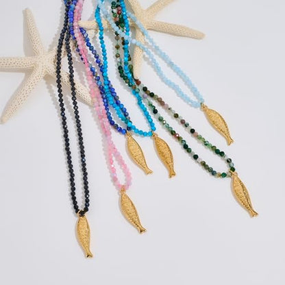 Boho Fish Necklace for Women - Blue Natural Stone Fish Pendant Necklace, Bohemian Beach Jewelry Colourful Jewelry for Summer Vacation - color: Army green